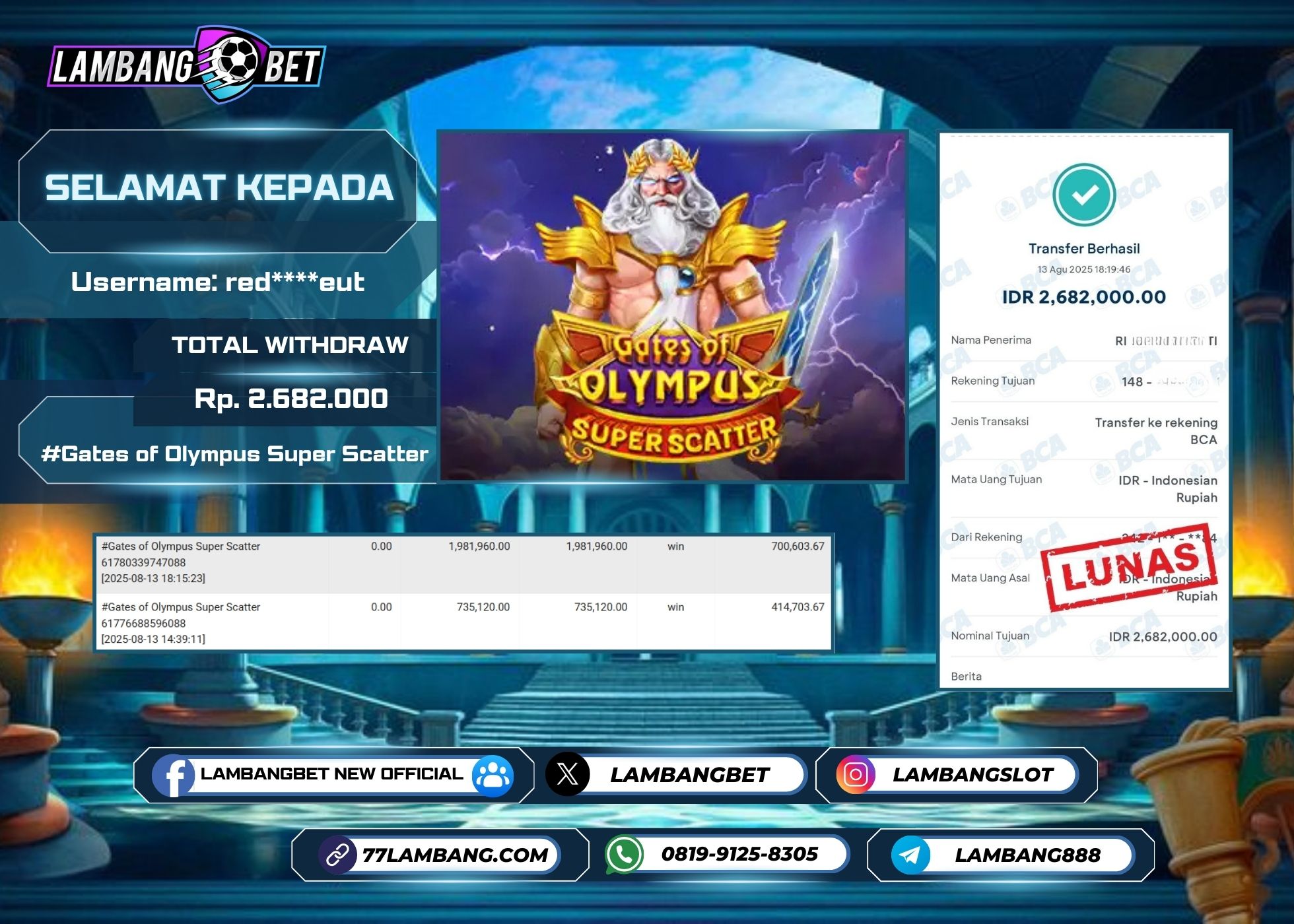 LAMBANGBET [13 AUGUST 2025] JACKPOT SLOT Gates of Olympus Super Scatter "Rp2.682.000" LUNAS